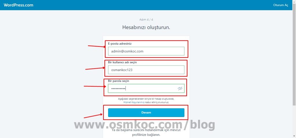 Ücretsiz Blog - WordPress hesap oluşturma