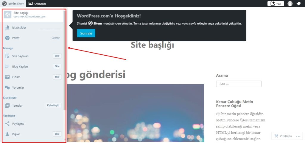 Ücretsiz Blog - WordPress admin paneli